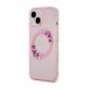 Guess Flowers Ring Glossy Logo MagSafe Case - хибриден удароустойчив кейс с MagSafe за iPhone 15 (розов-прозрачен) 1