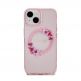 Guess Flowers Ring Glossy Logo MagSafe Case - хибриден удароустойчив кейс с MagSafe за iPhone 15 (розов-прозрачен) 2