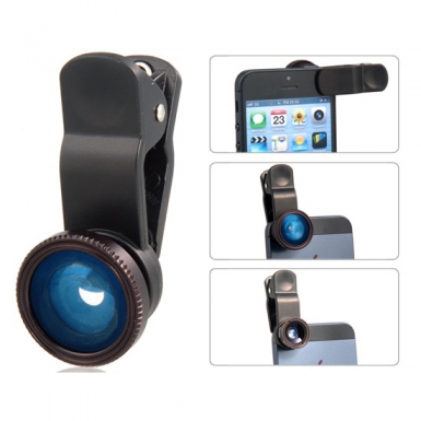 Комплект лещи Fish Eye, Wide Angle и Macro за iPhone, смартфони и таблети (черен)