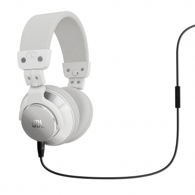 JBL Bassline Over-Ear - DJ-ски слушалки с микрофон и управление на звука за iPhone, iPod, iPad и мобилни устройства (бели)