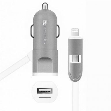 4Smarts MultiCord Car Charger - зарядно за кола с кабел за microUSB и Lightning стандарти за мобилни устройства (бял-сив)