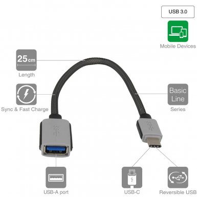 4smarts Basic USB-C Male to USB-A 3.0 Female Adapter - USB адаптер за MacBook 12 и устройства с USB-C порт (черен)