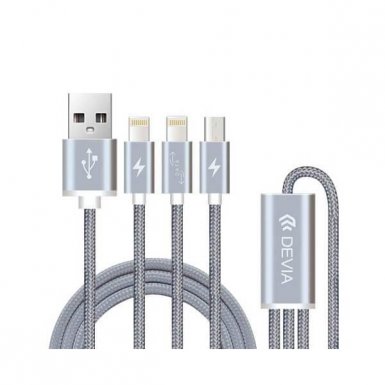 Devia Premium 3 in 1 Cable - универсален кабел с 2xLightning и MicroUSB конектори (сив)