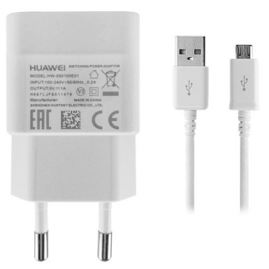 Huawei Travel Charger 1000mA HW-050100E01 - захранване за ел. мрежа и microUSB кабел за мобилни устройства (бял) (bulk)