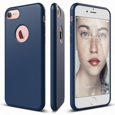 Elago S7 Slim Fit Soft Case + HD Clear Film - тънък силиконов калъф и HD покритие за iPhone 8, iPhone 7 (тъмносин-мат)