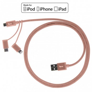 Torrii KeVable 3-in-1 Universal USB Cable (1 meter) - изключително здрав кевларен кабел за iPhone, iPad, iPod с Lightning, устройства с microUSB и USB-C (1 метър) (розово злато)