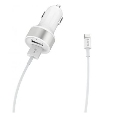 Devia Dual USB Smart Charger MFI Lightning Suit - зарядно за кола с 2xUSB изхода и Lightning кабел за iPhone, iPad и iPod (бял)