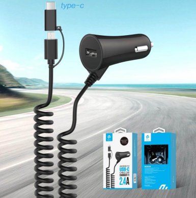 Devia T1 Car Charger MicroUSB+USB-C - зарядно за кола с USB изход и вградени кабели с microUSB и USB-C стандарти 