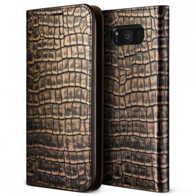Verus Genuine Croco Diary Case - кожен калъф (естествена кожа), тип портфейл за Samsung Galaxy S8 Plus (тъмно злато)