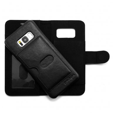 Prodigee Wallegee+ Case - кожен калъф, тип портфейл с отделящ се кейс и поставка за Samsung Galaxy S8 Plus (черен)