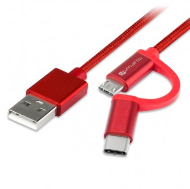 4smarts ComboCord MicroUSB + USB-C cable - плосък качествен кабел за microUSB и USB-C стандарти 100 см. (червен)