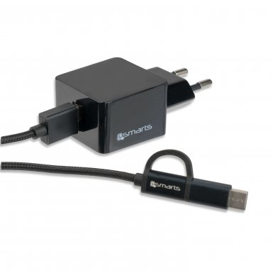 4smarts Wall Charger VoltPlug 12W - захранване за ел. мрежа 2.4A с USB изход и кабел с microUSB и USB-C стандартии
