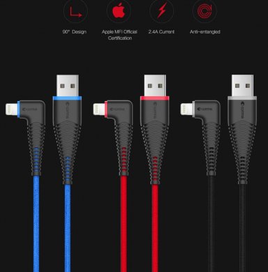 Comma Bingo MFI Angled Cable - изключително здрав и качествен Lightning кабел за iPhone, iPad, iPod (150 см.) (син)