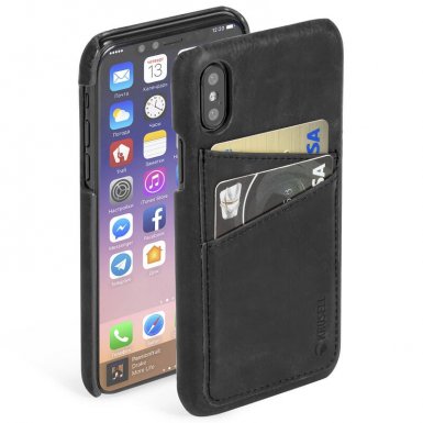Krusell Sunne 2 Card Cover - кожен кейс (ествествена кожа) с 2 отделения за карти за iPhone XS, iPhone X (черен)