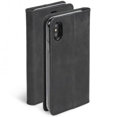 Krusell Sunne Folio Case - кожен калъф (ествествена кожа) тип портфейл за iPhone XS, iPhone X (черен)