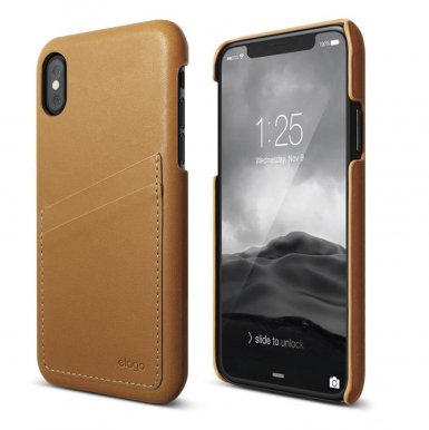Elago Leather Wallet Case - кожен (естествена кожа) кейс с джобове за кредитни карти за iPhone XS, iPhone X (кафяв)