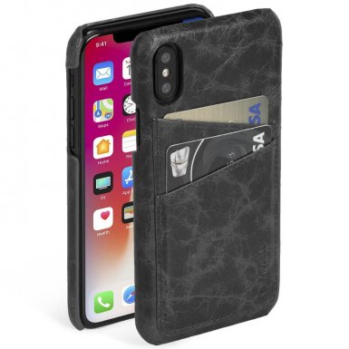Krusell Tumba 2 Card Cover - кожен кейс (ествествена кожа) с 2 отделения за карти за iPhone XS, iPhone X (черен)