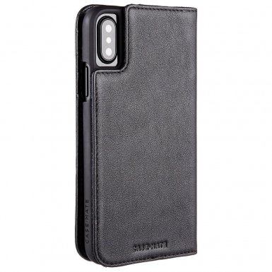 CaseMate Wallet Folio - кожен калъф (естествена кожа), тип портфейл за iPhone XS, iPhone X (черен)