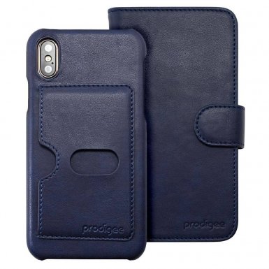 Prodigee Wallegee Case - кожен калъф, тип портфейл с отделящ се кейс и поставка за iPhone XS, iPhone X (син)