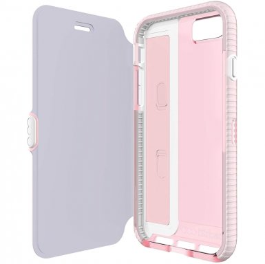 Tech21 Evo Wallet Case - кожен флип калъф с отделящ се силиконов кейс с висока защита за iPhone 8, iPhone 7 (розов)