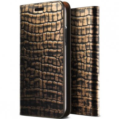 Verus Genuine Croco Diary Case - кожен калъф (естествена кожа), тип портфейл за iPhone XS, iPhone X (златист)