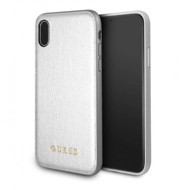 Guess Iridescent Leather Hard Case - дизайнерски кожен кейс за iPhone XS, iPhone X (сребрист)