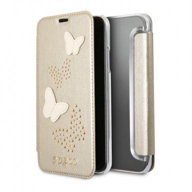 Guess Studs and Sparlkes Butterfies Book Case - дизайнерски кожен калъф, тип портфейл за iPhone XS, iPhone X (златист)