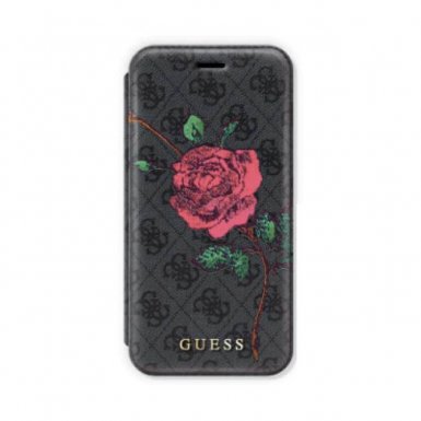 Guess Flower Desire Book Case - дизайнерски кожен калъф, тип портфейл за iPhone XS, iPhone X (сив)
