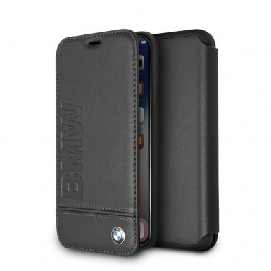 BMW Signature Leather Booktype Case - кожен калъф (естествена кожа), тип портфейл за iPhone XS, iPhone X (черен)
