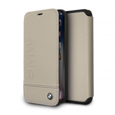 BMW Signature Leather Booktype Case - кожен калъф (естествена кожа), тип портфейл за iPhone XS, iPhone X (бежов)