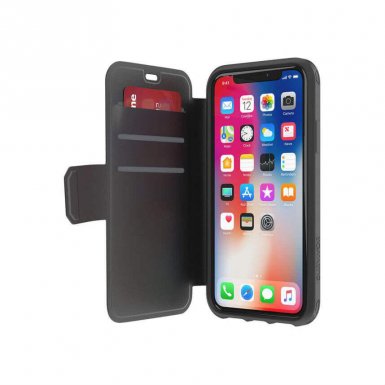 Griffin Survivor Strong Wallet - удароустойчив хибриден кожен калъф с отделение за карти за iPhone XS, iPhone X (черен-сив)