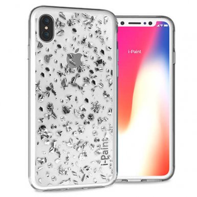 iPaint Glitter Flakes Case - дизайнерски поликарбонатов кейс с TPU рамка за iPhone XS, iPhone X (прозрачен-сребрист)