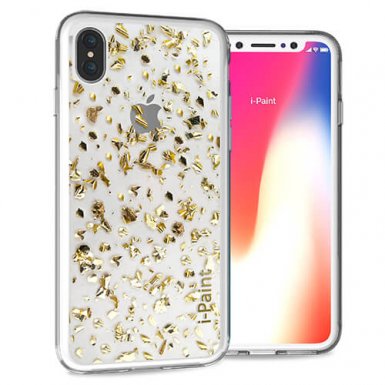 iPaint Glitter Flakes Case - дизайнерски поликарбонатов кейс с TPU рамка за iPhone XS, iPhone X (прозрачен-златист)