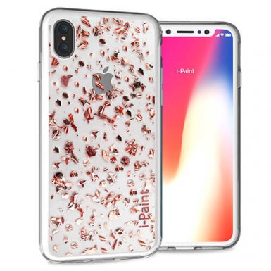 iPaint Glitter Flakes Case - дизайнерски поликарбонатов кейс с TPU рамка за iPhone XS, iPhone X (прозрачен-розов)