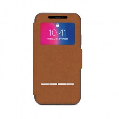 Moshi SenseCover Case - полиуретанов калъф, тип портфейл за iPhone XS, iPhone X (кафяв)