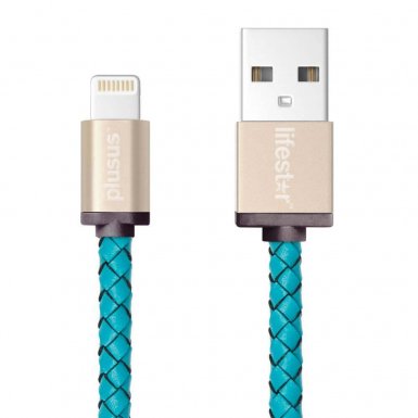 PlusUs LifeStar Handcrafted Lightning Cable - ръчно изработен сертифициран Lightning кабел за iPhone, iPad и iPod (1м.) (светлосин-златист)