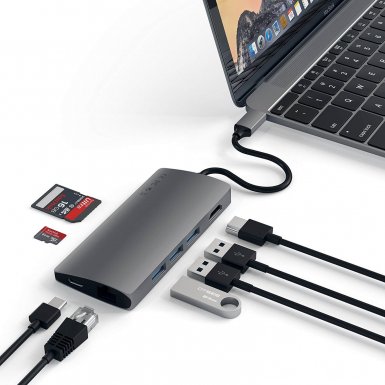 Satechi USB-C Aluminum Multiport 4K Adapter v2 - мултифункционален хъб за свързване на допълнителна периферия за компютри с USB-C (тъмносив)