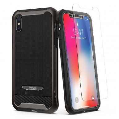 Spigen Reventon Case - хибриден удароустойчив кейс и 2 броя стъклено покритие за iPhone XS, iPhone X (черен-мат)