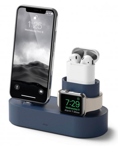 Elago Trio Charging Hub - силиконова поставка за зареждане на iPhone, Apple Watch и Apple AirPods (тъмносиня)