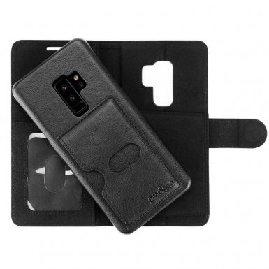 Prodigee Wallegee Case - кожен калъф, тип портфейл с отделящ се кейс и поставка за Samsung Galaxy S9 Plus (черен)
