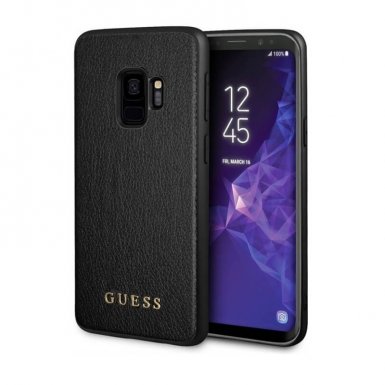 Guess Iridescent Leather Hard Case - дизайнерски кожен кейс за Samsung Galaxy S9 (черен)
