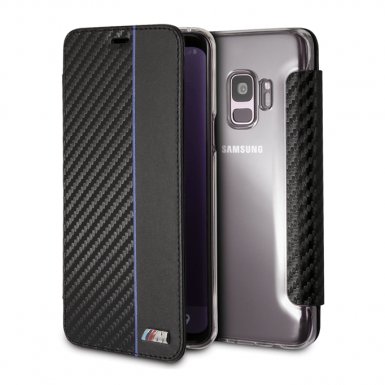 BMW M Collection Booktype Case - дизайнерски кожен калъф, тип портфейл за Samsung Galaxy S9 (черен-син)