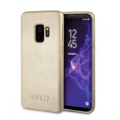 Guess Iridescent Leather Hard Case - дизайнерски кожен кейс за Samsung Galaxy S9 (златист)