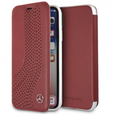 Mercedes-Benz NEW BOW II Booktype Case - кожен калъф (естествена кожа), тип портфейл за iPhone XS, iPhone X (червен)