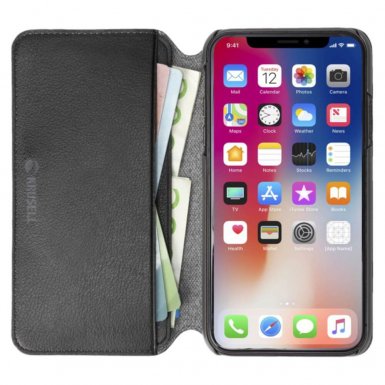 Krusell Pixbo 4 Card Slim Wallet Case - кожен калъф, тип портфейл за iPhone XR (черен)