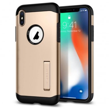 Spigen Slim Armor Case - хибриден кейс с поставка и най-висока степен на защита за iPhone XS, iPhone X (златист)