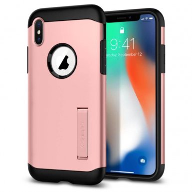 Spigen Slim Armor Case - хибриден кейс с поставка и най-висока степен на защита за iPhone XS, iPhone X (розово злато)