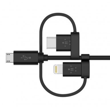Belkin Universal Cable with Micro-USB, USB-C and Lightning Connectors - качествен USB кабел с Lightning, microUSB и USB-C конектори (черен)