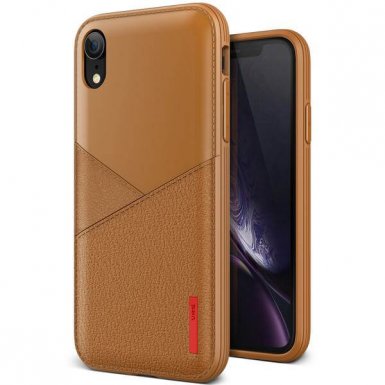 Verus Leather Fit Label Case - удароустойчив силиконов (TPU) калъф за iPhone XR (кафяв)