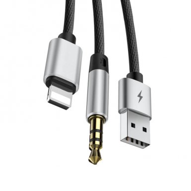 Baseus USB to Lightning + 3.5 mm Cable - USB кабел за зареждане и аудио за устройства с Lightning порт (черен)